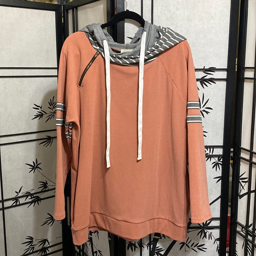 Sweatshirt, long-sleeved w/pockets, double-hood, salmon color, 1x